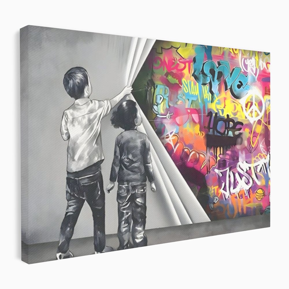 Tablou canvas cu tablou canvas cu copii si perete grafitti, fara rama, pe sasiu de lemn